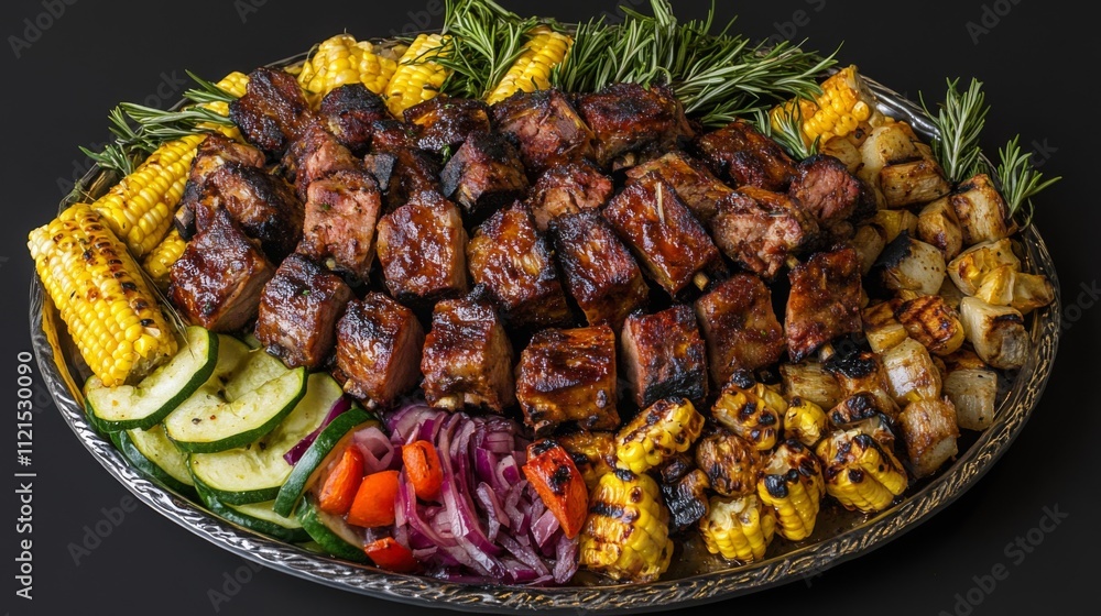Grilled Meat and Vegetables Platter with Corn and Rosemary Garnish Grilled Meat and Vegetables Platter with Corn and Rosemary Garnish