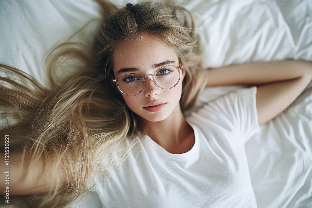 Young woman with long blonde hair and glasses lying on a soft white bed, looking directly at the camera with a serene expression and natural makeup, capturing a moment of relaxation and beauty. Young woman with long blonde hair and glasses lying on a soft white bed, looking directly at the camera with a serene expression and natural makeup, capturing a moment of relaxation and beauty.