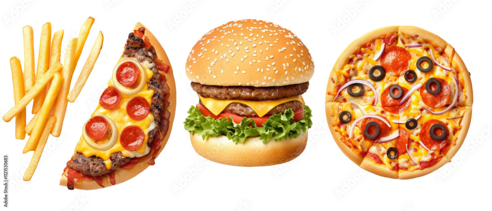 Close-up of a cheeseburger, pizza slice, french fries. Close-up of a cheeseburger, pizza slice, french fries.
