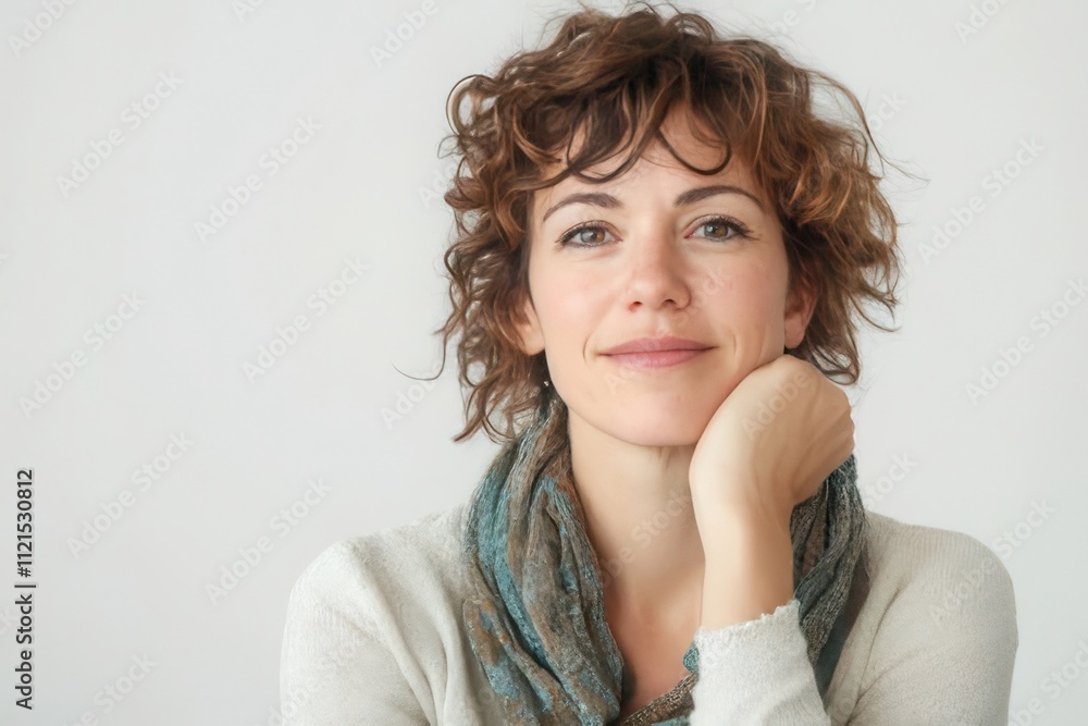 Portrait of a smiling woman with curly brown hair, wearing a scarf, hand supporting her chin. Portrait of a smiling woman with curly brown hair, wearing a scarf, hand supporting her chin.