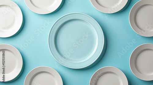 Plates arranged in a circular pattern around a central light blue plate on a turquoise background