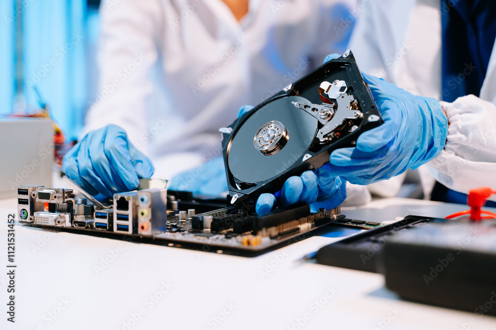 Obraz premium Technician repairing inside of hard disk drive by screwdriver. the concept of data, hardware, technician