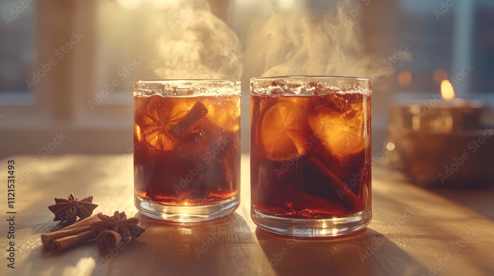 Cozy Steaming Mulled Wine Glasses with Festive Winter Decorations Cozy Steaming Mulled Wine Glasses with Festive Winter Decorations