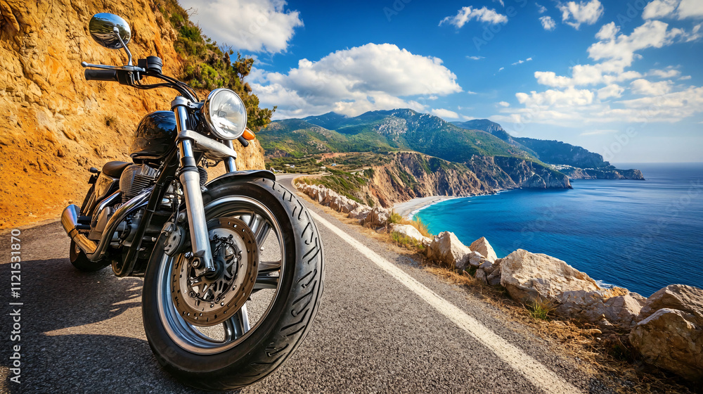 A motorcycle with a punctured tire parked beside a scenic coastal road. A motorcycle with a punctured tire parked beside a scenic coastal road.