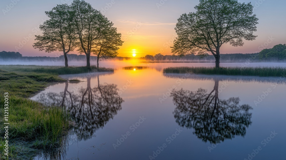 Misty sunrise over a lake delicate reflections nature landscape tranquil environment scenic viewpoint for serenity Misty sunrise over a lake delicate reflections nature landscape tranquil environment scenic viewpoint for serenity