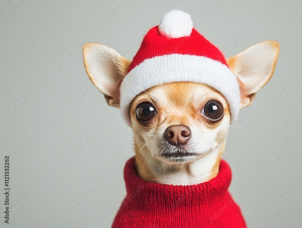 A festive Chihuahua in a Santa hat and red sweater, exuding holiday cheer with an adorable expression. A festive Chihuahua in a Santa hat and red sweater, exuding holiday cheer with an adorable expression.
