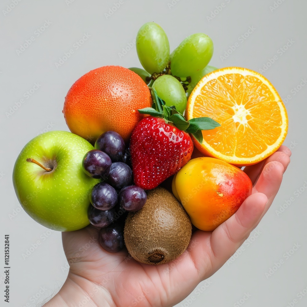 A handful of fresh fruits on white background A handful of fresh fruits on white background