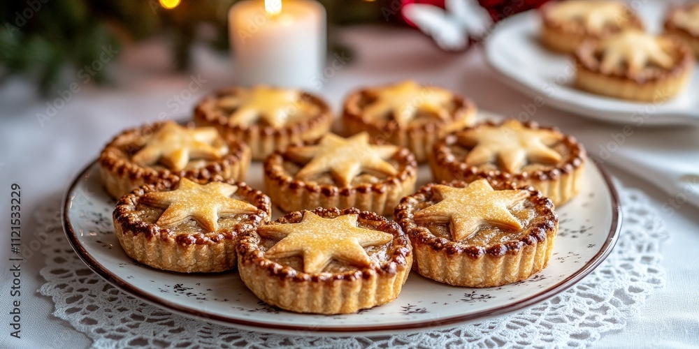 Traditional Mince Pies with Star Toppings on Decorative Platter