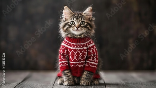A fluffy cat in a red sweater poses adorably on a rustic wooden surface, showcasing its big eyes and playful personality.