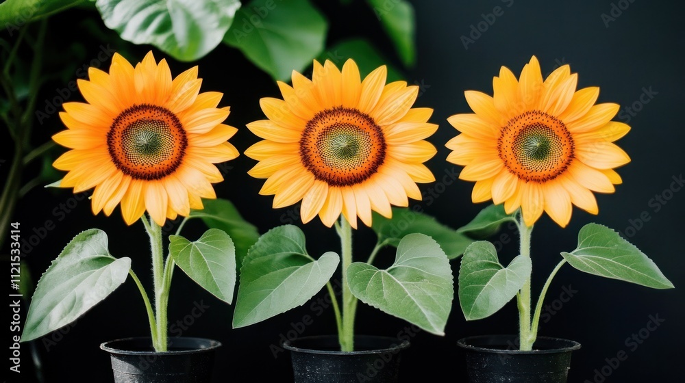 Obraz premium Three Sunflowers in Pots Against a Dark Background
