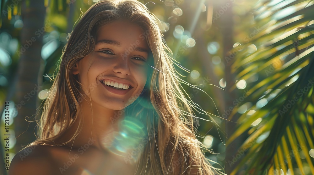 Fototapeta premium Young woman embraces tropical spa day surrounded by lush greenery, radiating wellness and femininity