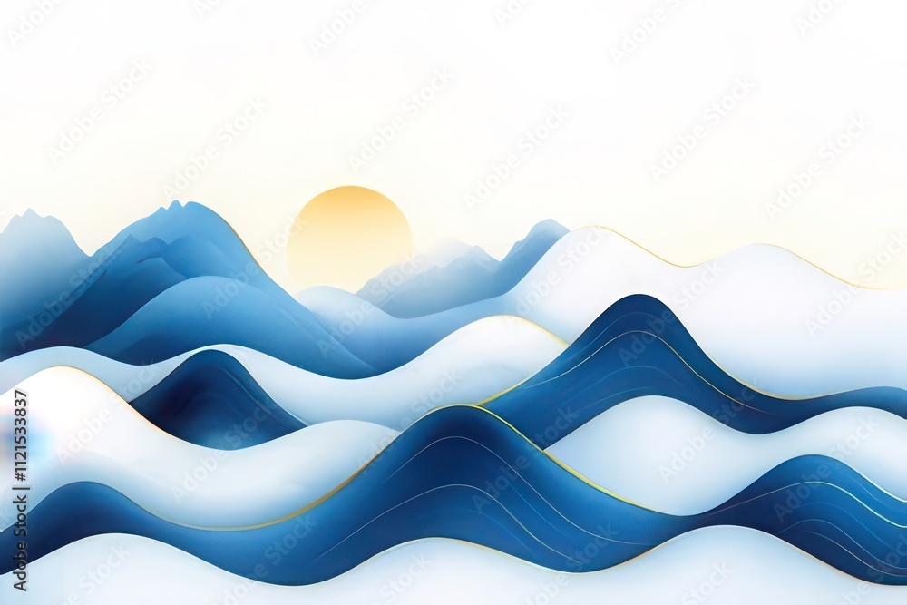Abstract blue and gold mountain landscape at sunrise. Abstract blue and gold mountain landscape at sunrise.
