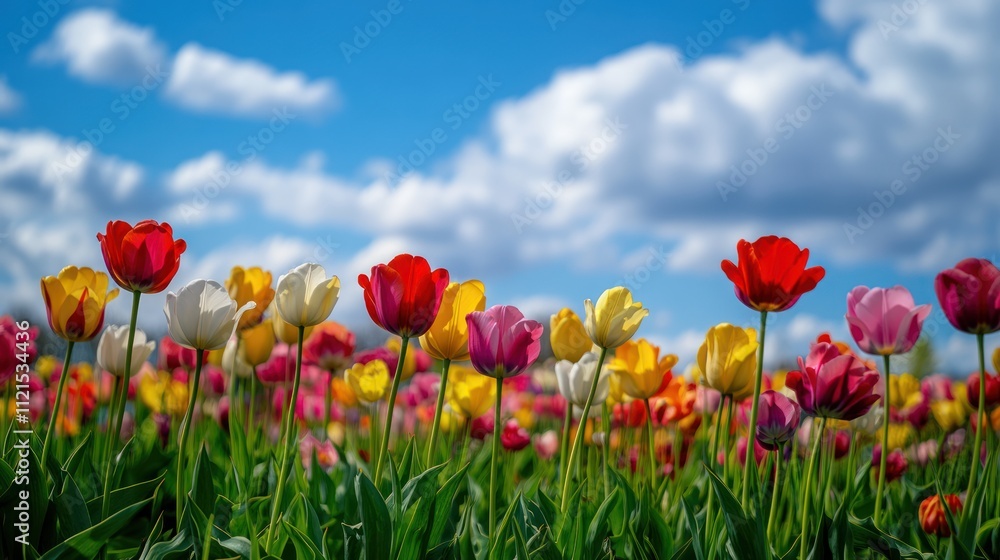 Vibrant Tulip Field Under a Sunny Sky Vibrant Tulip Field Under a Sunny Sky