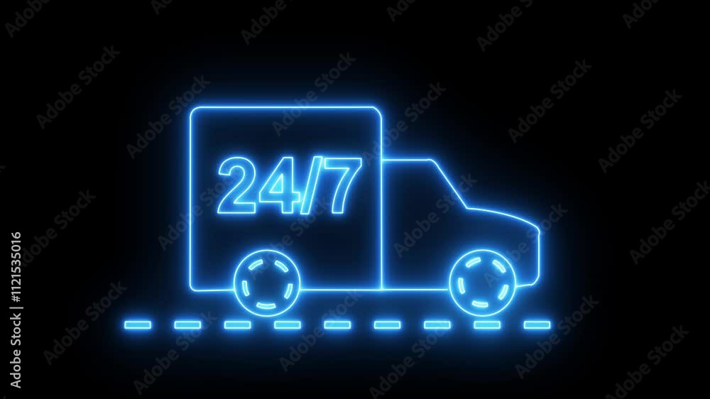 neon 24 by 7 delivery animation. Shipping service animated icon glow effect. Moving truck. Transportation, industry. Dynamic overlay on white background. video with alpha channel neon 24 by 7 delivery animation. Shipping service animated icon glow effect. Moving truck. Transportation, industry. Dynamic overlay on white background. video with alpha channel