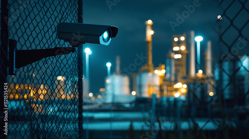 A night vision surveillance camera installed on a factory perimeter fence.