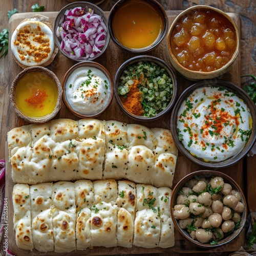 A sumptuous breakfast spread featuring fresh Malawah bread, Ful medames, honey, cream, and spiced Yemeni tea photo