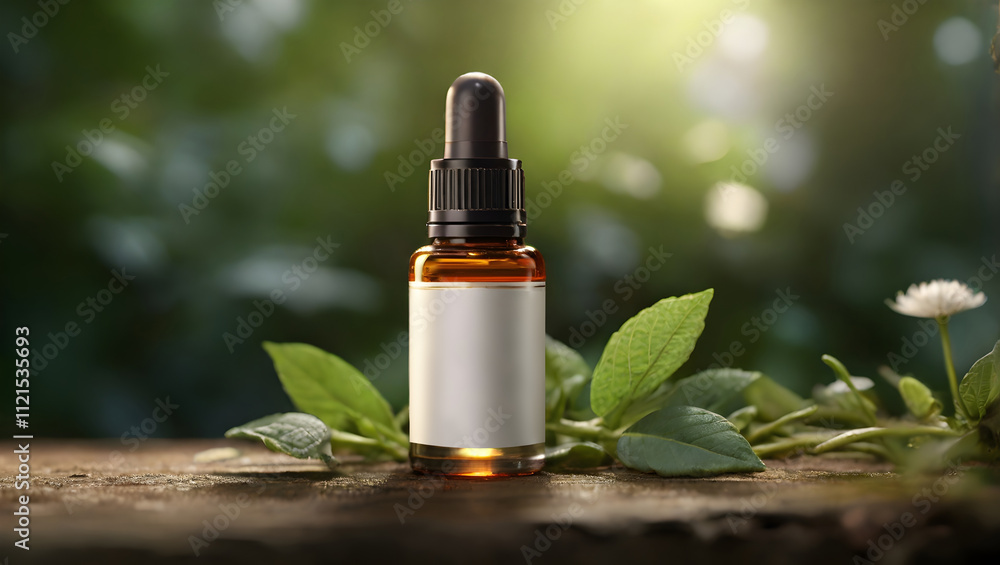 Aesthetic amber glass serum bottle mockup with green leaves, botanical blurred background. Natural plant base cosmetics, eco friendly background for essential beauty ads, banner, cosmetology poster. Aesthetic amber glass serum bottle mockup with green leaves, botanical blurred background. Natural plant base cosmetics, eco friendly background for essential beauty ads, banner, cosmetology poster.