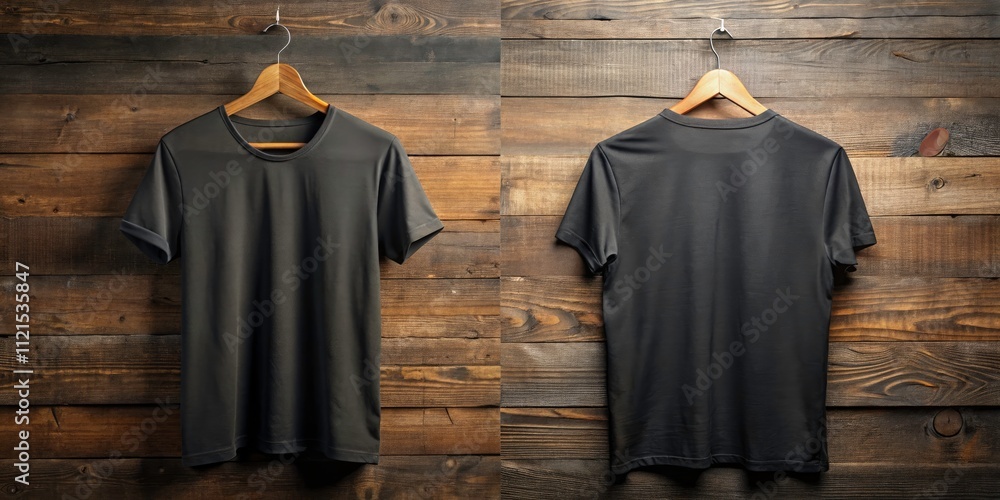 Black T-Shirt Mock-up on Wooden Hanger - Front and Rear Side View, High Resolution, Perfect for Fashion Branding, E-commerce, and Product Presentation in Low Light Photography Black T-Shirt Mock-up on Wooden Hanger - Front and Rear Side View, High Resolution, Perfect for Fashion Branding, E-commerce, and Product Presentation in Low Light Photography