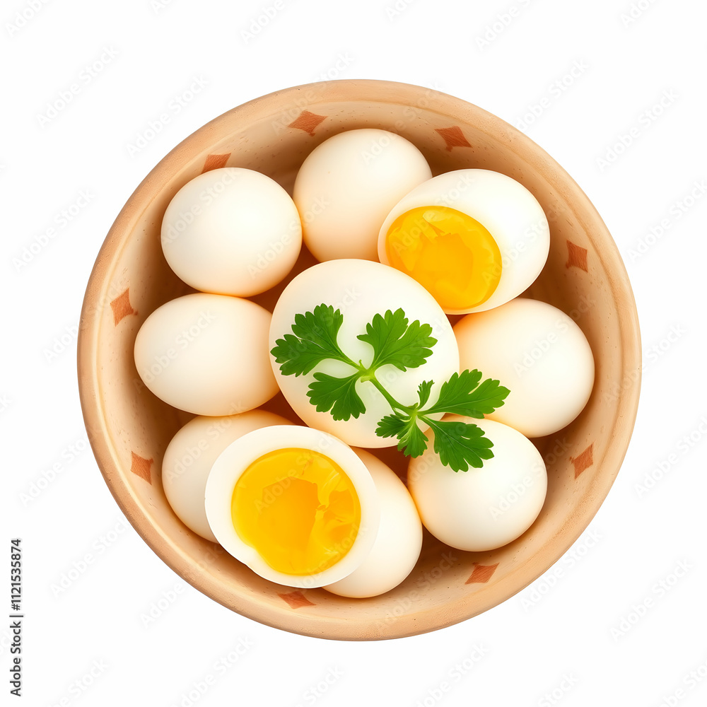 Boiled eggs in a bowl decorated with parsley leaves isolated Boiled eggs in a bowl decorated with parsley leaves isolated