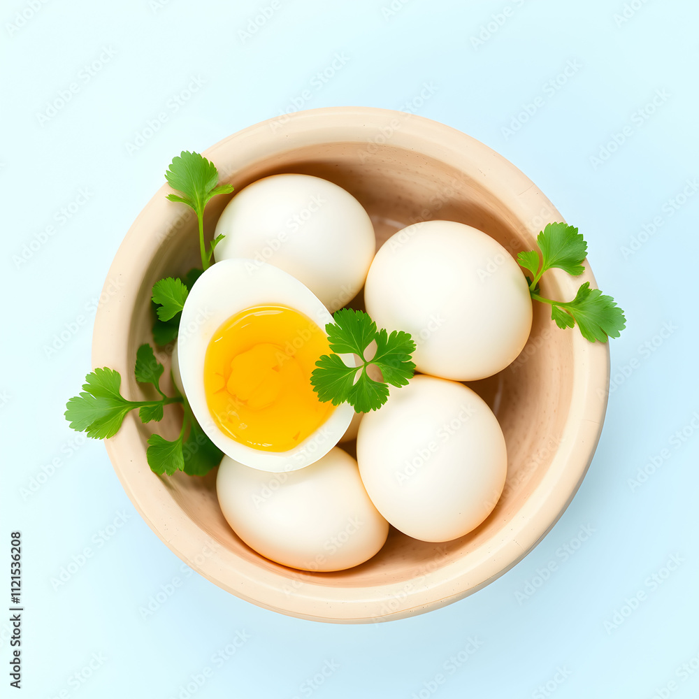 Boiled eggs in a bowl decorated with parsley leaves isolated Boiled eggs in a bowl decorated with parsley leaves isolated