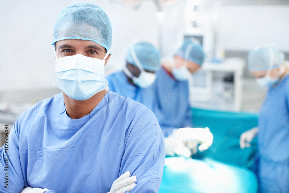 Theatre, man and doctor in portrait with arms crossed, medical surgery and procedure for teamwork. Hospital, team leader and surgeon with pride for operating room, healthcare and uniform for safety Theatre, man and doctor in portrait with arms crossed, medical surgery and procedure for teamwork. Hospital, team leader and surgeon with pride for operating room, healthcare and uniform for safety