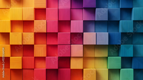 A vibrant array of colorful wooden blocks create a mesmerizing gradient pattern.