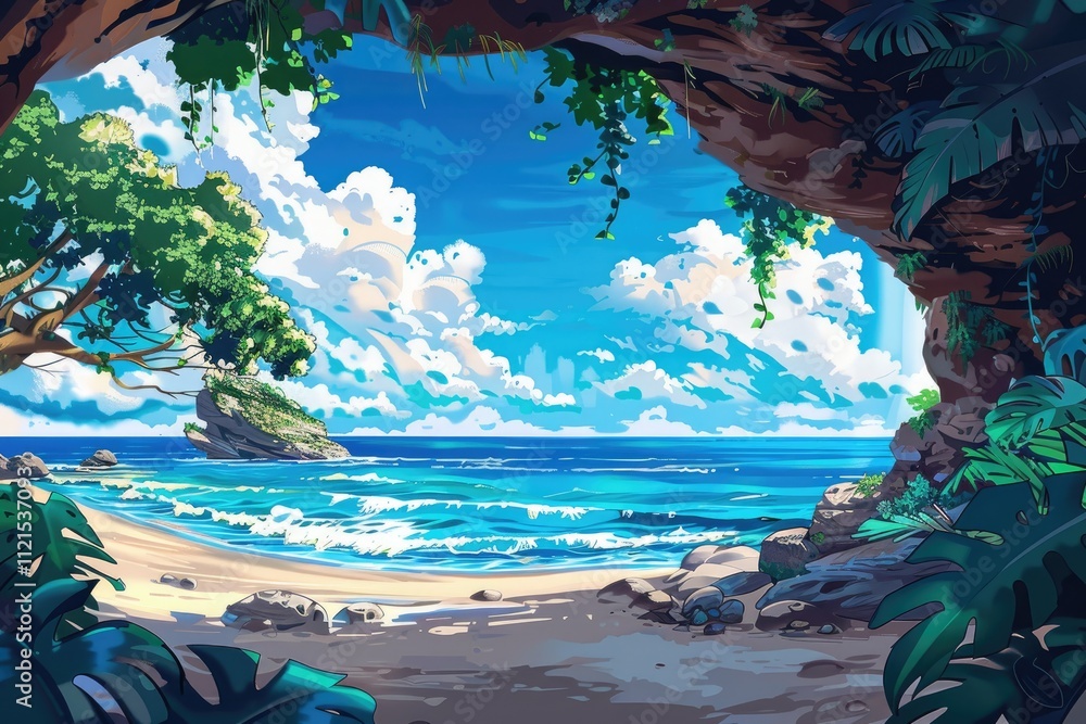 Fototapeta premium Tropical Beach Scene Viewed From A Cave