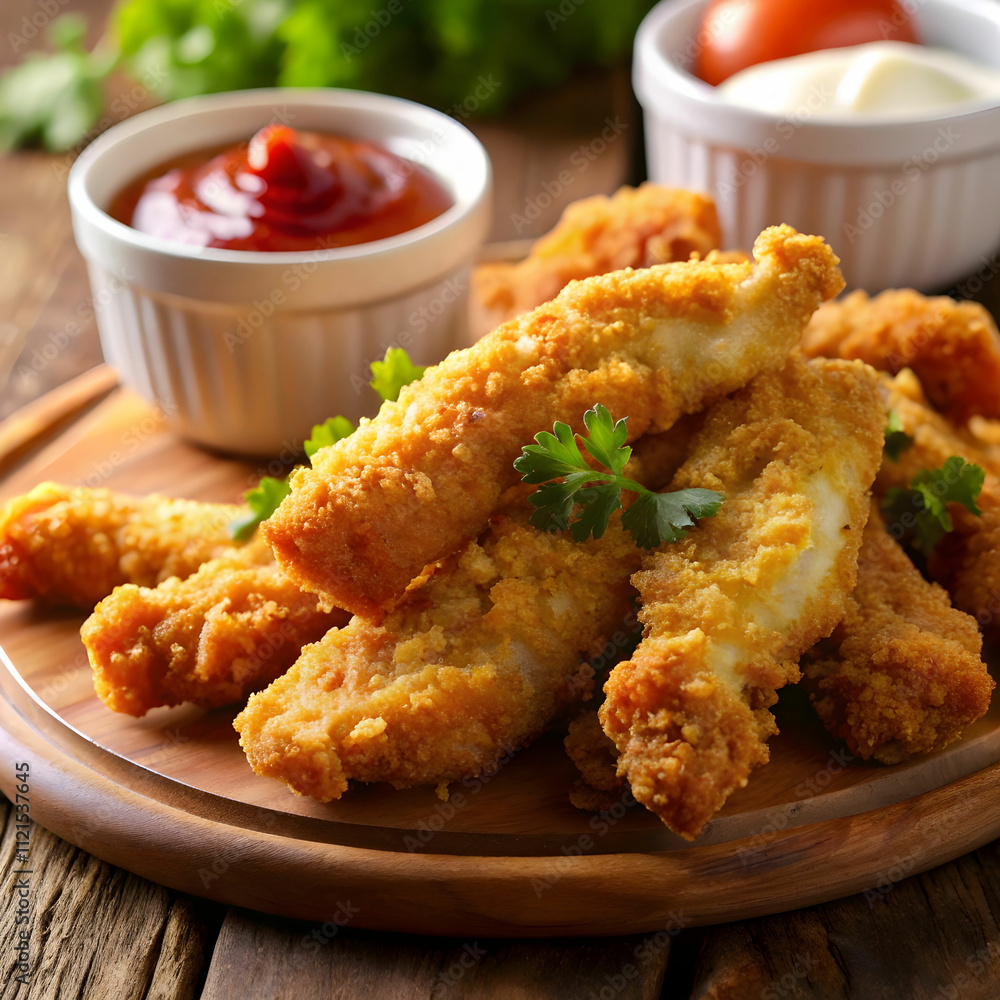 a closeup of breaded chicken fingers golden and cr
