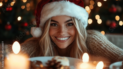 A cheerful woman wearing a Santa hat is smiling brightly as she enjoys a festive candlelit dinner, with warm lights and Christmas decor creating a cozy ambiance. photo