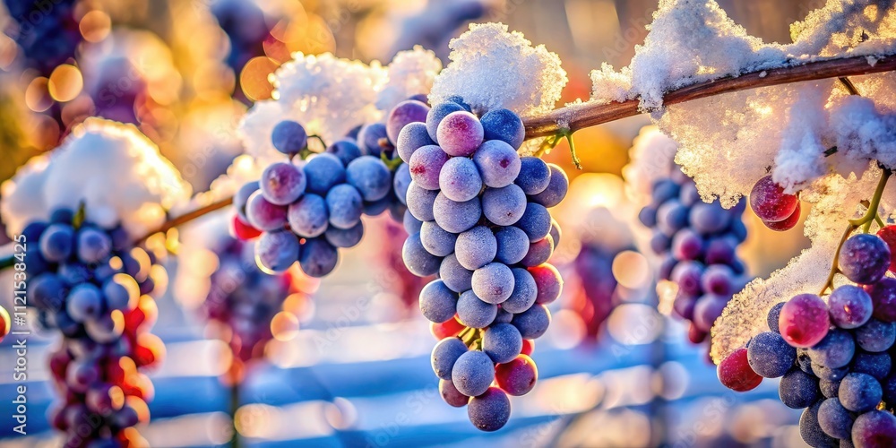 Closeup of Frost-Kissed Grapes in Snowy Vineyard, Capturing the Serene Beauty of Winter, Glimmering Ice, and Nature's Sublime Details, Perfect for Winter Imagery and Vineyard Aesthetics Closeup of Frost-Kissed Grapes in Snowy Vineyard, Capturing the Serene Beauty of Winter, Glimmering Ice, and Nature's Sublime Details, Perfect for Winter Imagery and Vineyard Aesthetics