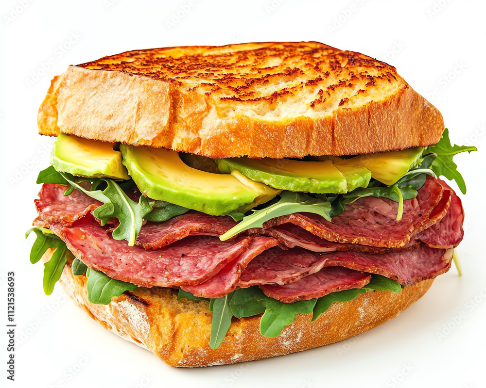 A delicious stacked sandwich with layers of meat, avocado, and fresh greens between toasted bread. A delicious stacked sandwich with layers of meat, avocado, and fresh greens between toasted bread.