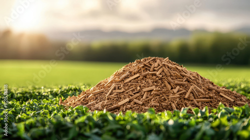 pile of organic biomass on lush green farm field under sunny sky