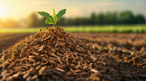 young plant growing from pile of organic mulch in vibrant farm field