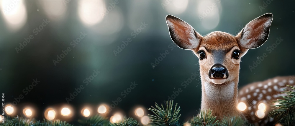 Young Deer with Soft Eyes Surrounded by Evergreen Foliage Young Deer with Soft Eyes Surrounded by Evergreen Foliage