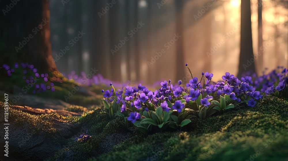 Obraz premium Sunlit forest floor with vibrant purple wildflowers blooming amongst moss and tree roots at sunrise.