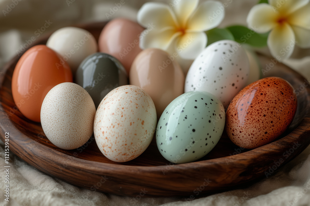 Creative composition of decorative eggs arranged elegantly on a wooden plate Creative composition of decorative eggs arranged elegantly on a wooden plate