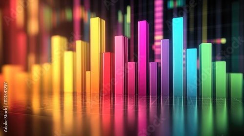 A 3D bar chart with translucent bars in various colors, floating in space with subtle reflections on a shiny surface, conveying a sense of growth and progress