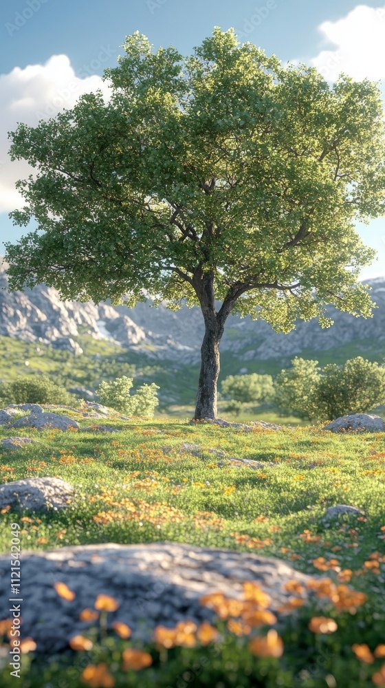 Breathtaking Mountain Meadow Landscape with Majestic Tree Breathtaking Mountain Meadow Landscape with Majestic Tree