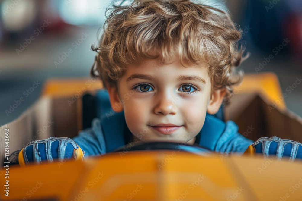 Cute boy joyfully imagining as a race car driver behind the wheel Cute boy joyfully imagining as a race car driver behind the wheel