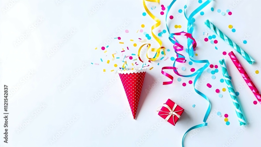 Obraz premium Celebration,party backgrounds concepts ideas with colorful confetti,streamers and gift box.Flat lay 