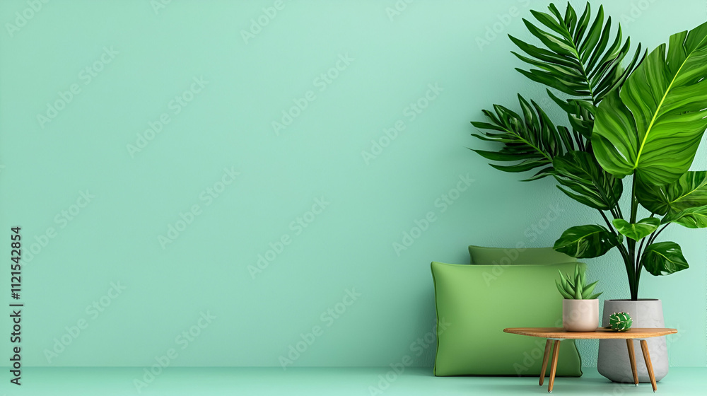 A serene, modern interior featuring a green wall, decorative plant, and minimalistic furniture, creating a calming atmosphere. A serene, modern interior featuring a green wall, decorative plant, and minimalistic furniture, creating a calming atmosphere.