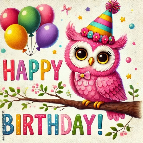 Happy Birthday greeting card. Illustration of kids funny pink owl in festive hat. Children's birthday party. For poster, cover, label