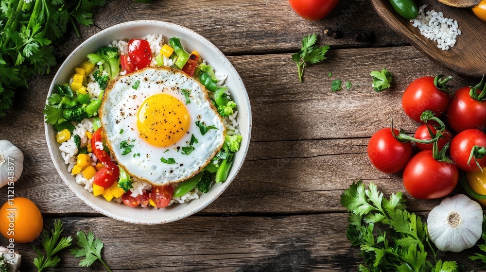 A bowl of American fried rice, topped with a perfectly fried egg, colorful vegetables, and a sprinkling of herbs, placed on a rustic wooden table A bowl of American fried rice, topped with a perfectly fried egg, colorful vegetables, and a sprinkling of herbs, placed on a rustic wooden table