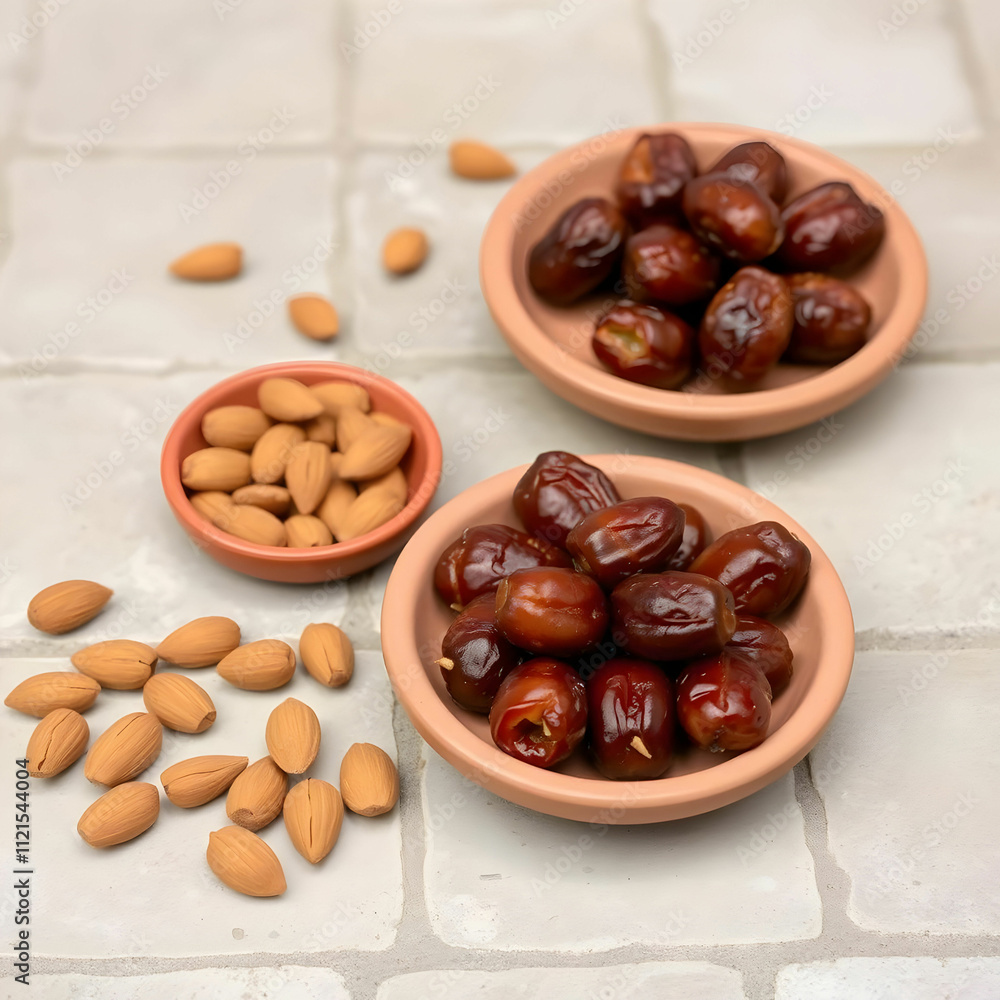 Obraz premium Dates and almonds in clay plates on stone tile background