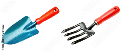 Gardening tools: trowel and hand rake isolated with transparent background photo