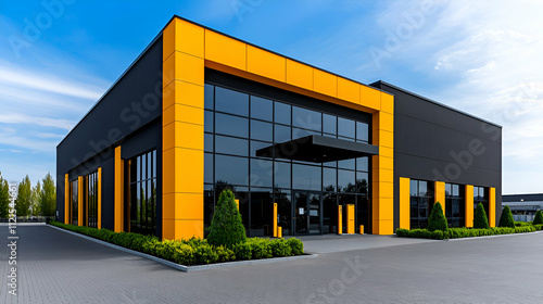 A modern, sleek commercial building featuring a striking black and orange facade, large glass windows, and landscaped surroundings. photo