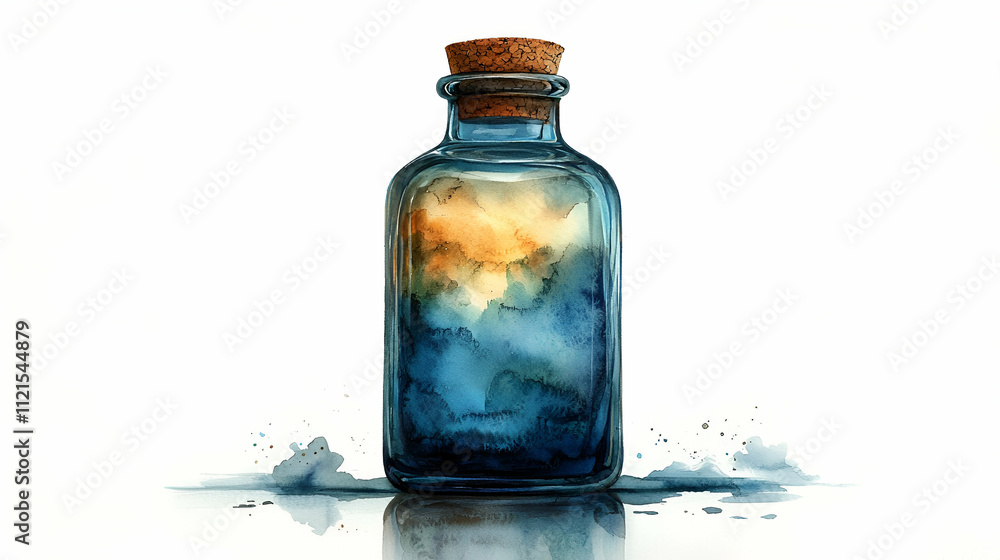 A beautiful glass bottle filled with swirling blue and orange watercolor, topped with a cork, evoking a sense of mystery and creativity. A beautiful glass bottle filled with swirling blue and orange watercolor, topped with a cork, evoking a sense of mystery and creativity.