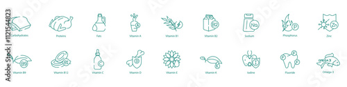 Comprehensive Health Icon Set - Carbohydrates, Proteins, Fats, A, B1, B2, Sodium, Phosphorus, Zinc, B9, B12, C, D, E, K, Iodine, Fluoride, and Omega-3 for Balanced Nutrition