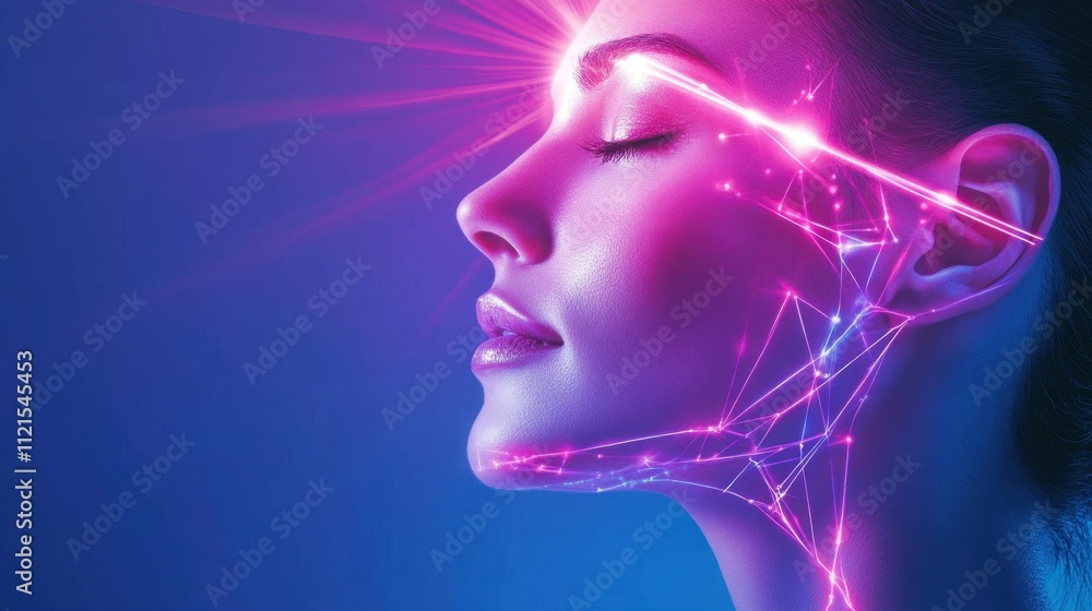A 3D visualization of laser beams and vitamin serums penetrating skin layers, repairing wrinkles and reducing saggy skin for rejuvenation A 3D visualization of laser beams and vitamin serums penetrating skin layers, repairing wrinkles and reducing saggy skin for rejuvenation