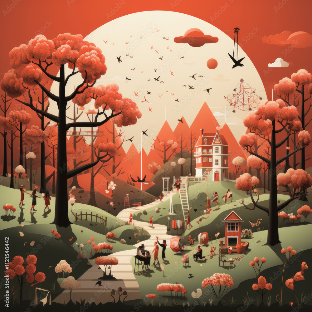 bright and lively scene in cartoon style. The center of attention is a cozy house on a hill, surrounded by trees with red crowns